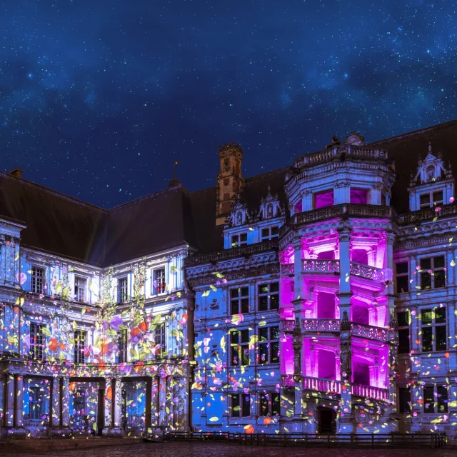 Le mercredi 06 avril 2022 à Blois au château royal, le spectacle de son et lumières sur les mille ans d'histoire du château royal de Blois depuis la cour du château.